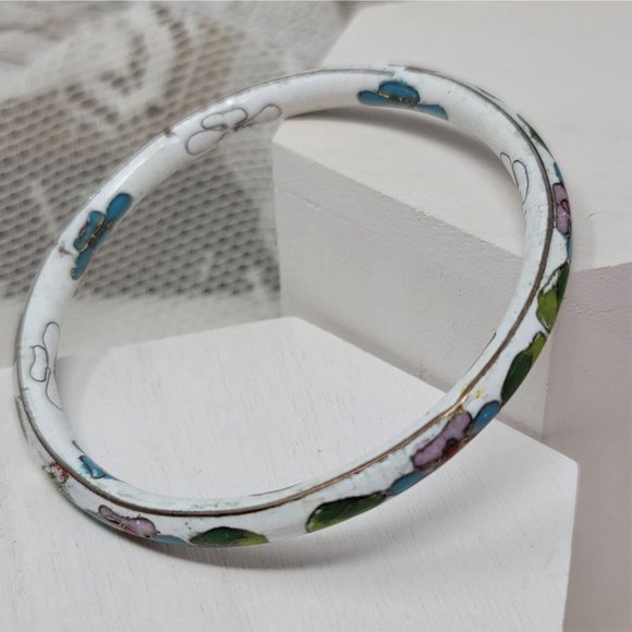 Vintage Cloisonné Bracelet White with Flowers - Picture 6 of 6